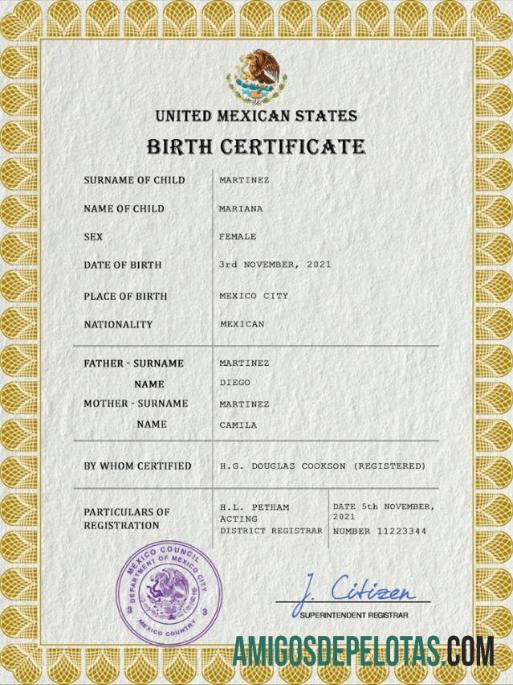 para download Modelo PSD de certidão de nascimento de registro vital do México