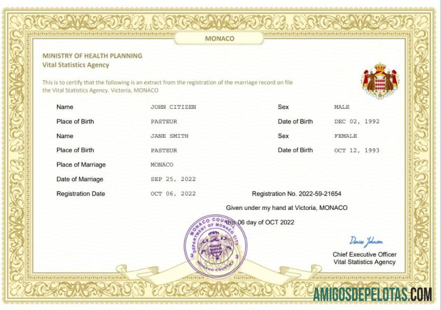 Imprimível modelo Word e PDF de certidão de casamento em Mônaco