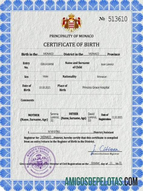 Em branco modelo PSD de certidão de nascimento de registro vital de Mônaco