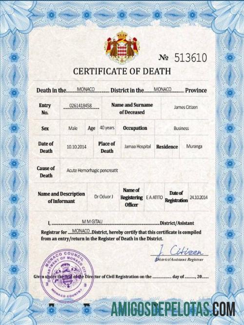 para download Modelo PSD de certidão de óbito de registro vital de Mônaco