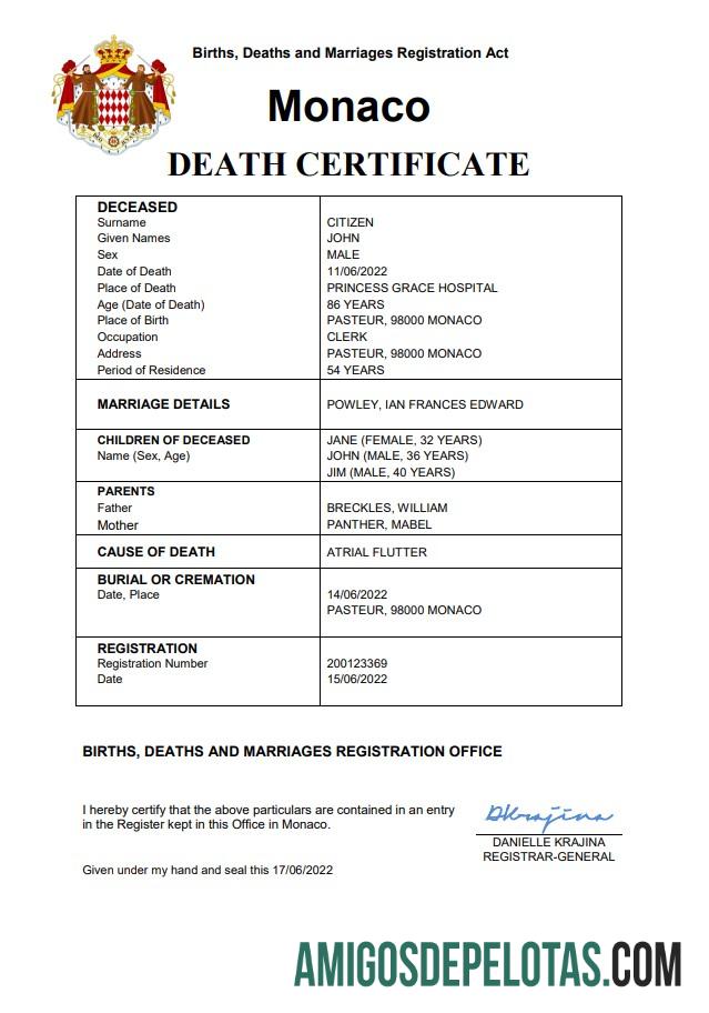 Em branco modelo Word e PDF de certidão de óbito de registro vital de Mônaco