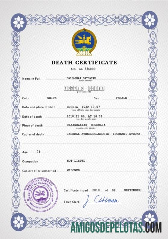 Imprimível modelo PSD de certidão de óbito da Mongólia