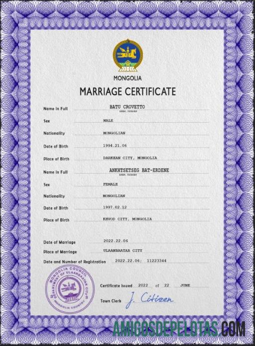 Em branco modelo PSD de certidão de casamento na Mongólia