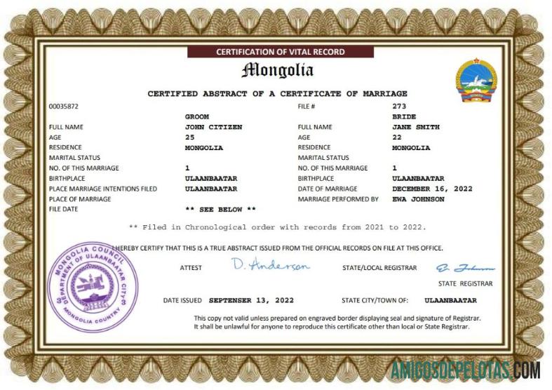Em branco modelo Word e PDF de certidão de casamento na Mongólia