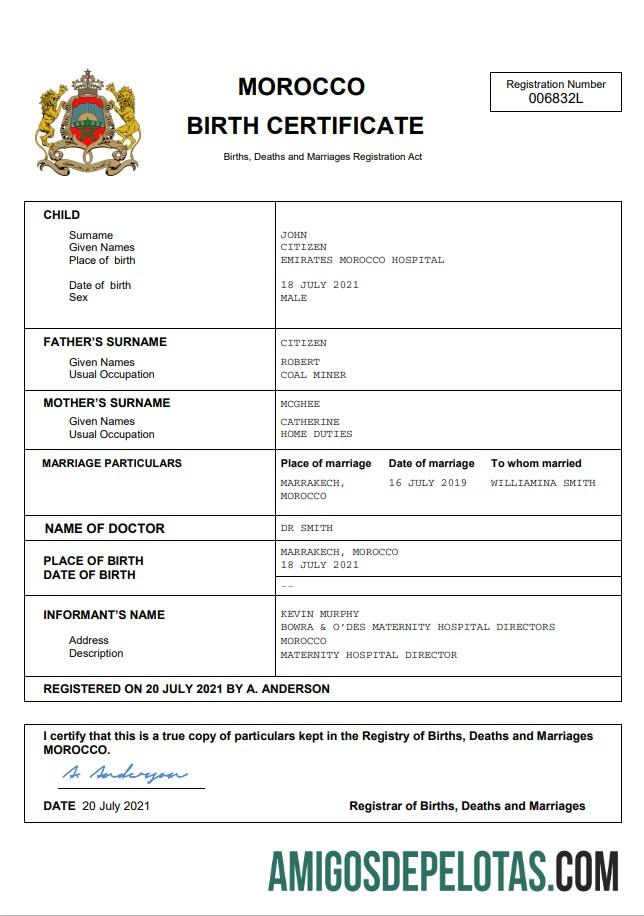Imprimível modelo Word e PDF de certidão de nascimento de registro vital de Marrocos