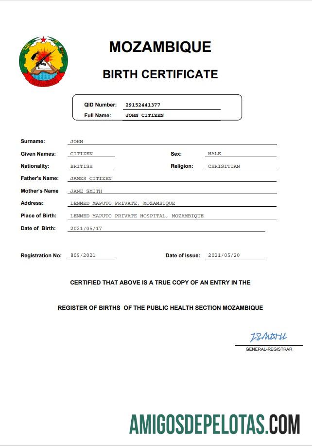 para download Modelo Word e PDF de certidão de nascimento de Moçambique