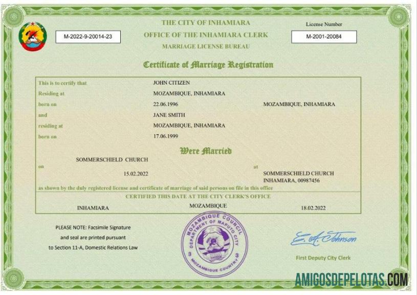 Em branco modelo Word e PDF de certidão de casamento em Moçambique