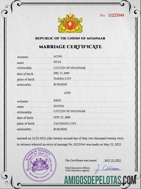 Em branco modelo PSD de certidão de casamento em Mianmar