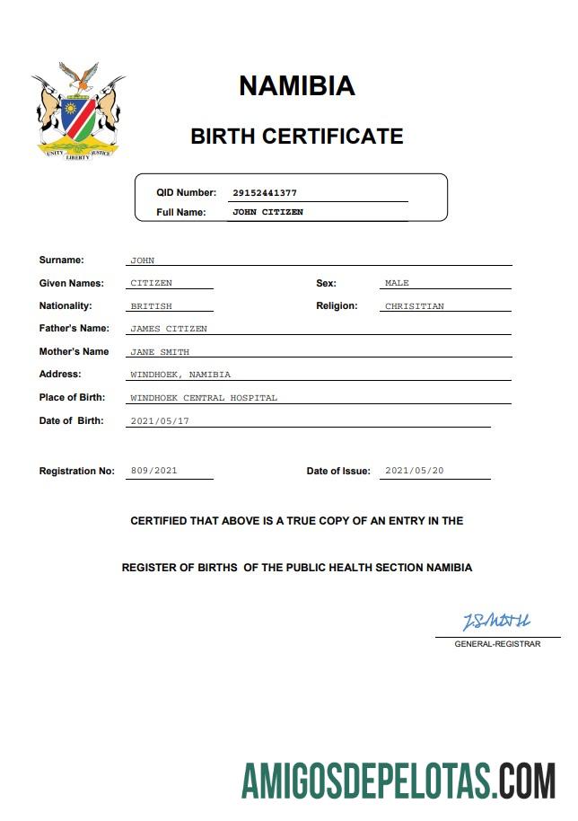 para download Modelo Word e PDF de certidão de nascimento da Namíbia