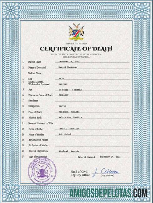 realista Modelo PSD de certidão de óbito de registro vital da Namíbia