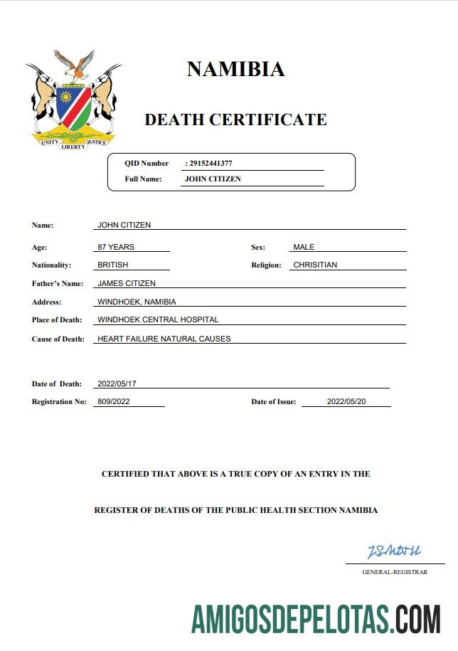 para download Modelo Word e PDF de certidão de óbito de registro vital da Namíbia