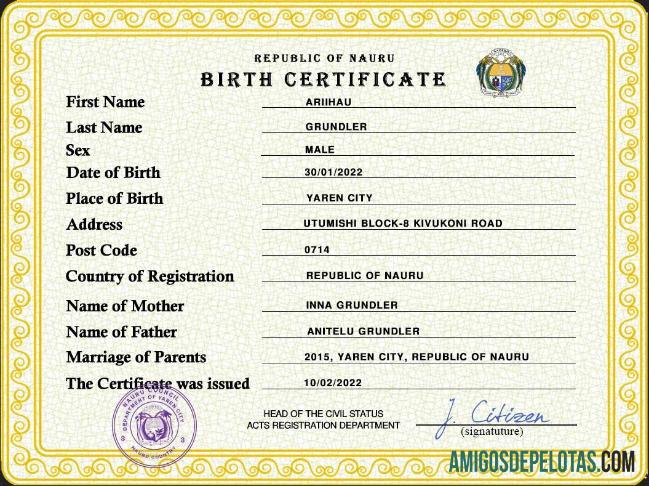 Imprimível modelo PSD de certidão de nascimento de Nauru