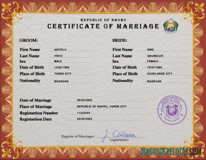 realista Modelo PSD de certidão de casamento de Nauru