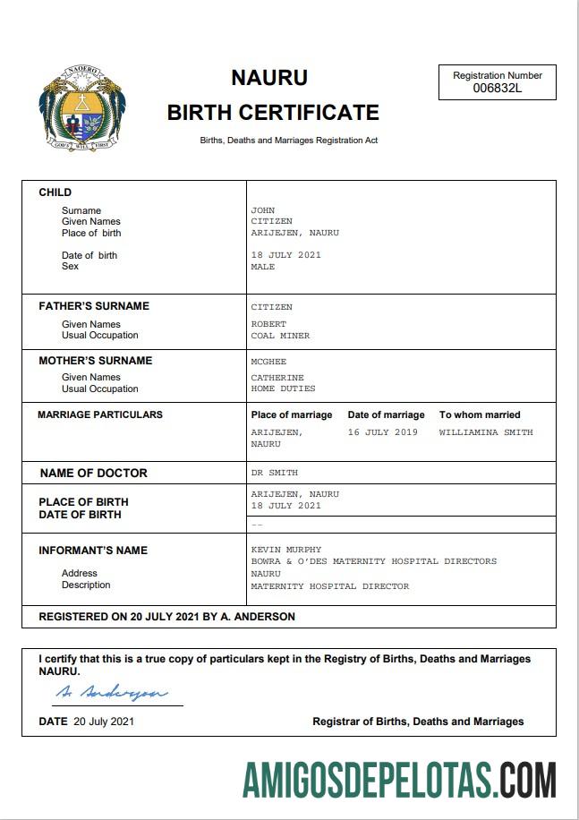 para download Modelo Word e PDF de certidão de nascimento de registro vital de Nauru