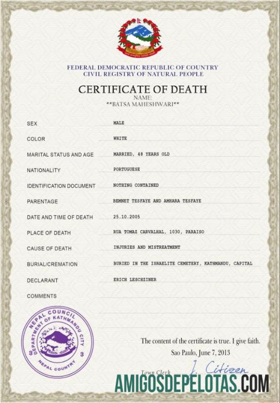 realista Modelo PSD de certidão de óbito de registro vital do Nepal