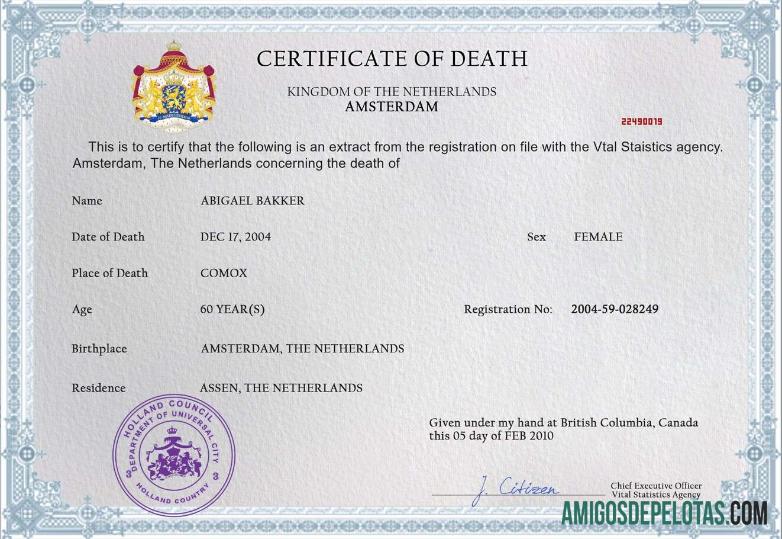 Imprimível modelo PSD de certidão de óbito na Holanda