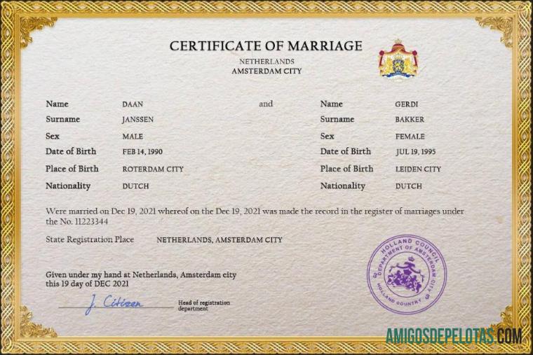para download Modelo PSD de certidão de casamento na Holanda