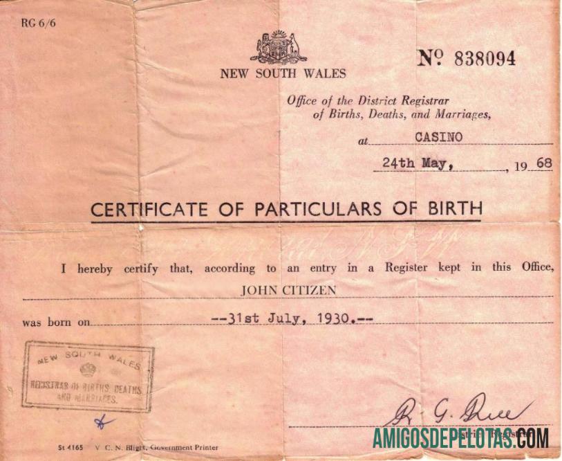 Certidão de nascimento do escritório do registrador distrital de Nova Gales do Sul modelo