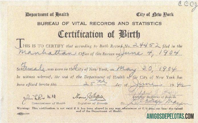 Certidão de Nascimento do Departamento de Saúde de Nova York amostra