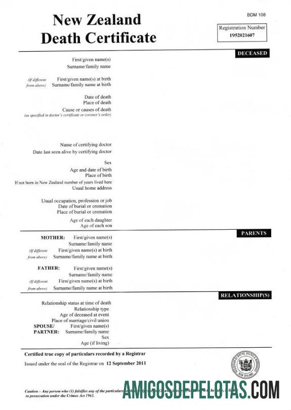 Certidão de óbito do cartório de registro da Nova Zelândia amostra