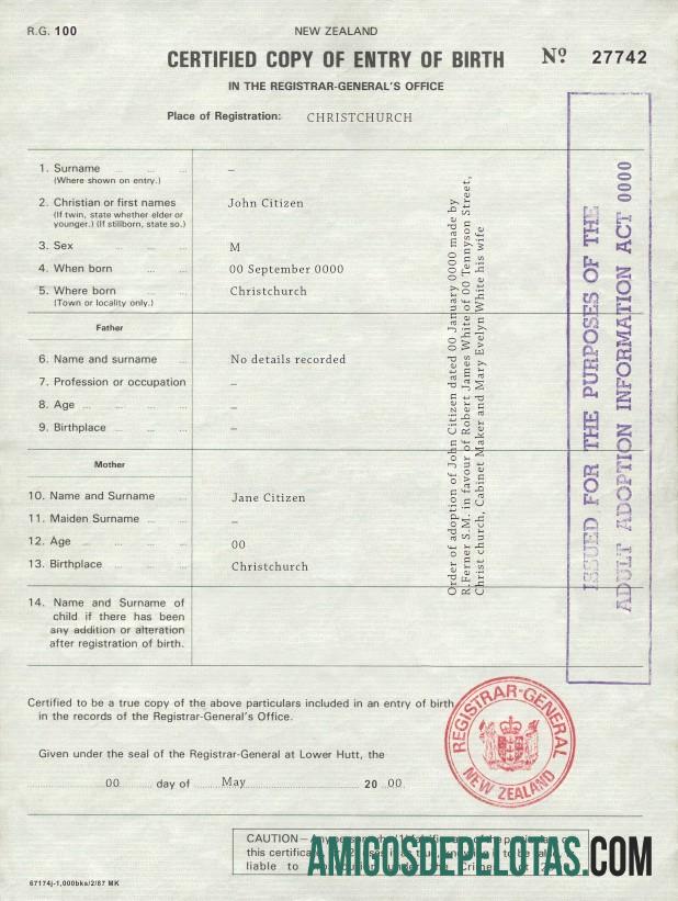 realista Modelo de certidão de nascimento da Nova Zelândia em formato PSD