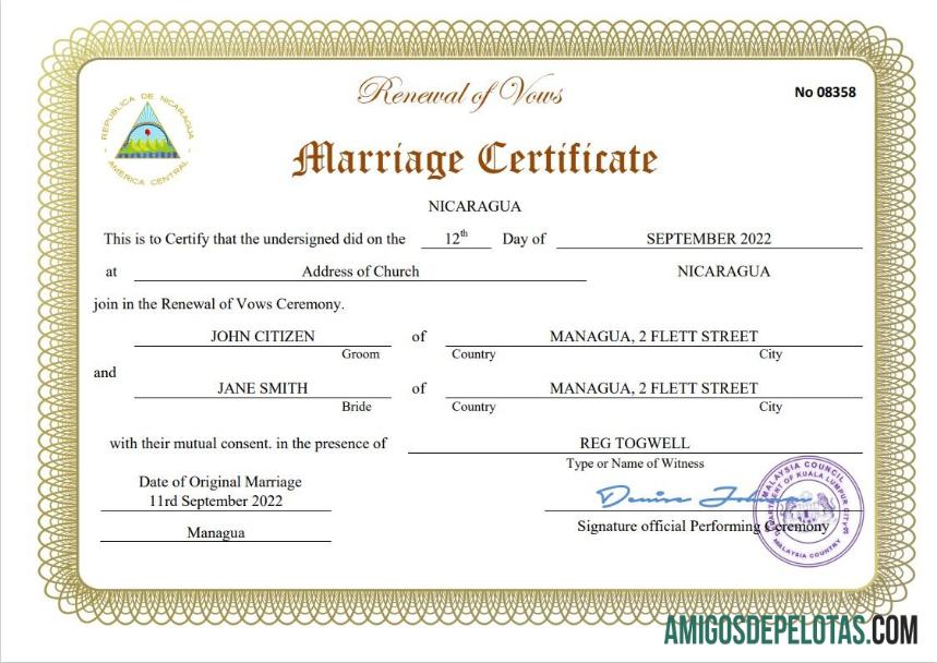 Imprimível modelo Word e PDF de certidão de casamento da Nicarágua