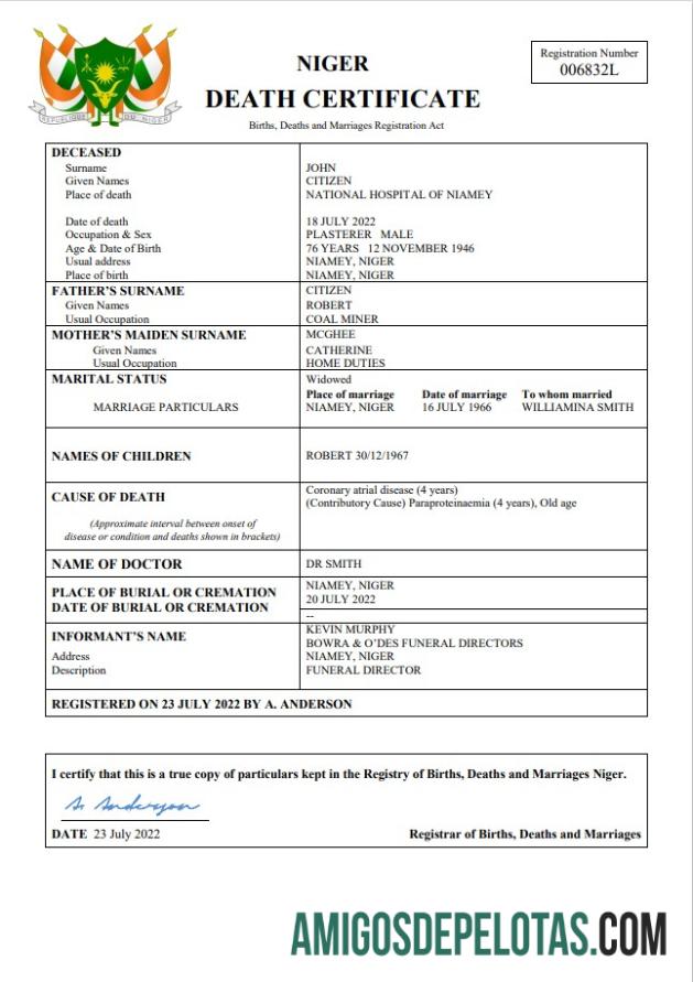 Imprimível modelo Word e PDF de certidão de óbito do Níger