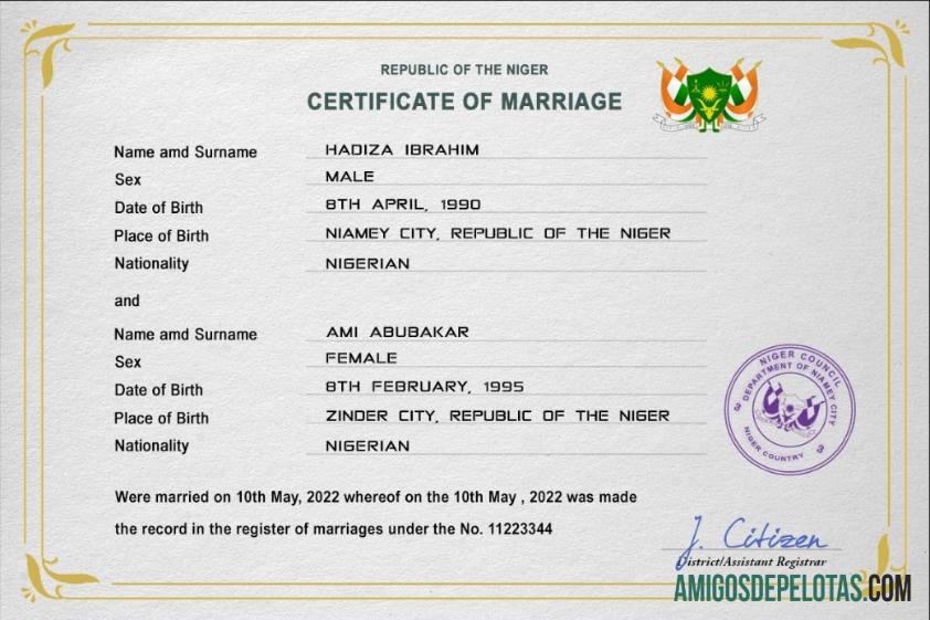 realista Modelo PSD de certidão de casamento do Níger