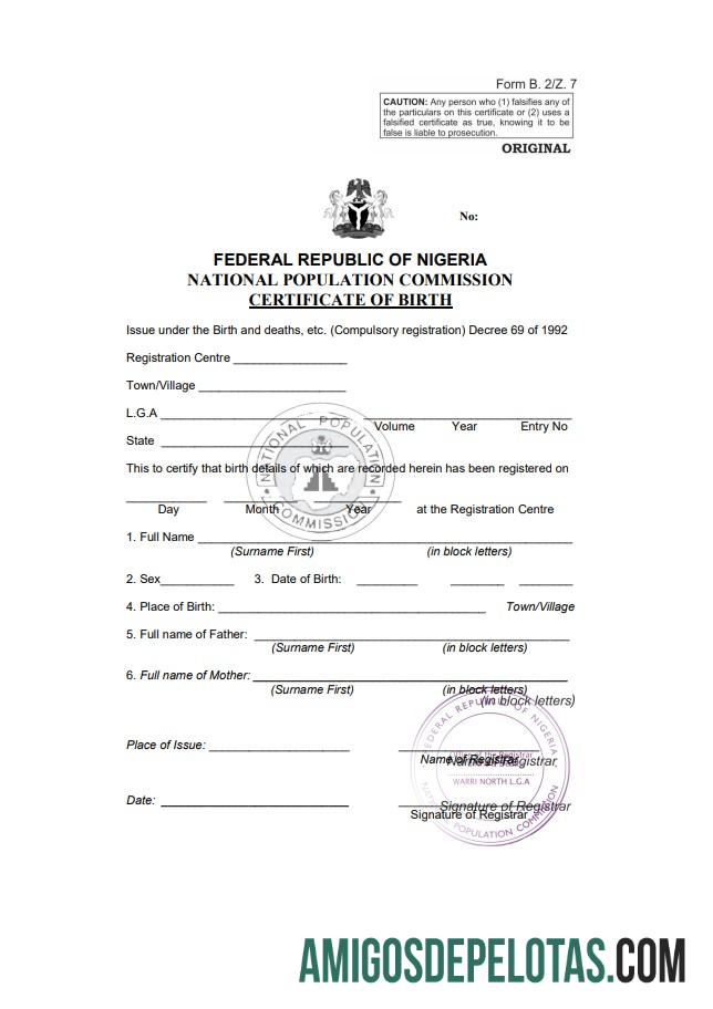 para download Modelo de certidão de nascimento da Nigéria em formato Word e PDF