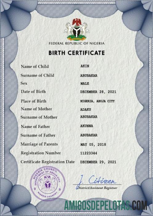 realista Modelo PSD de certidão de nascimento de registro vital da Nigéria