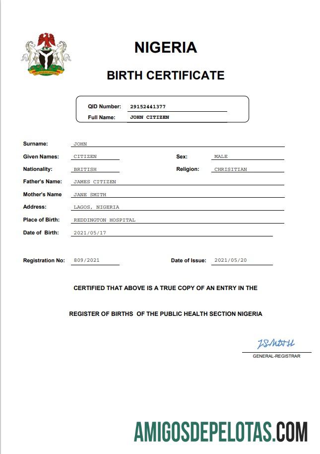 Imprimível modelo de certidão de nascimento de registro vital da Nigéria em formato Word e PDF, totalmente editável