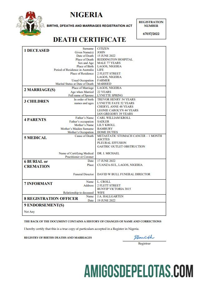 para download Modelo Word e PDF de certidão de óbito de registro vital da Nigéria