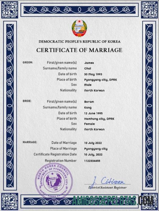 para download Modelo PSD de certidão de casamento da Coreia do Norte