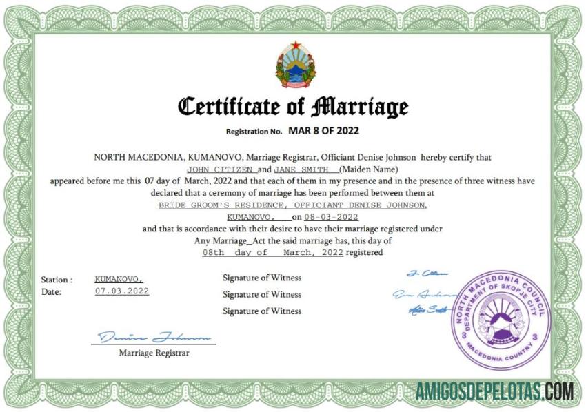 para download Modelo Word e PDF de certidão de casamento da Macedônia do Norte