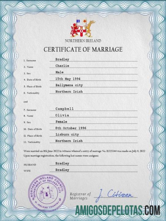 Imprimível modelo PSD de certidão de casamento da Irlanda do Norte