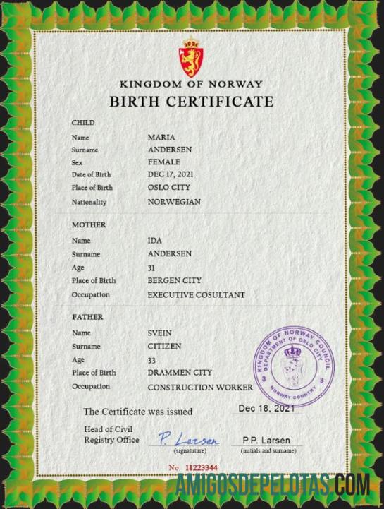 para download Modelo PSD de certidão de nascimento da Noruega
