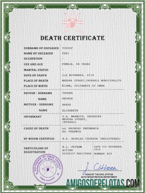 Imprimível modelo PSD de certidão de óbito de registro vital de Omã