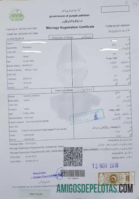 Certidão de casamento do governo do Paquistão em Punjab no Paquistão exemplo real
