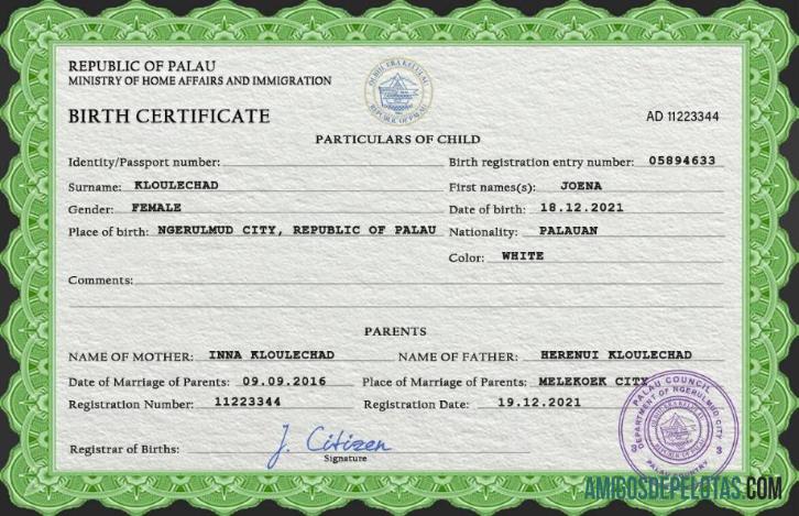Imprimível modelo PSD de certidão de nascimento de Palau