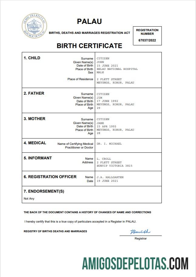 para download Modelo Word e PDF de certidão de nascimento de Palau