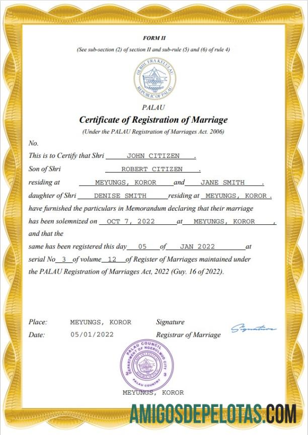 para download Modelo Word e PDF de certidão de casamento de Palau