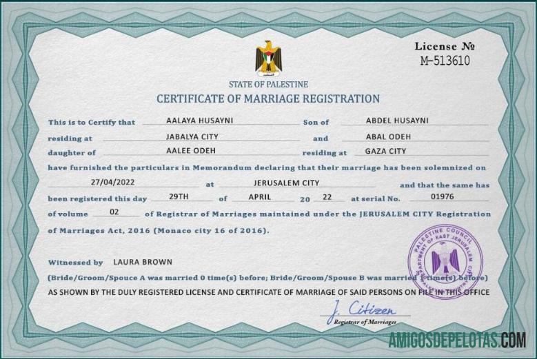 para download Modelo PSD de certidão de casamento da Palestina