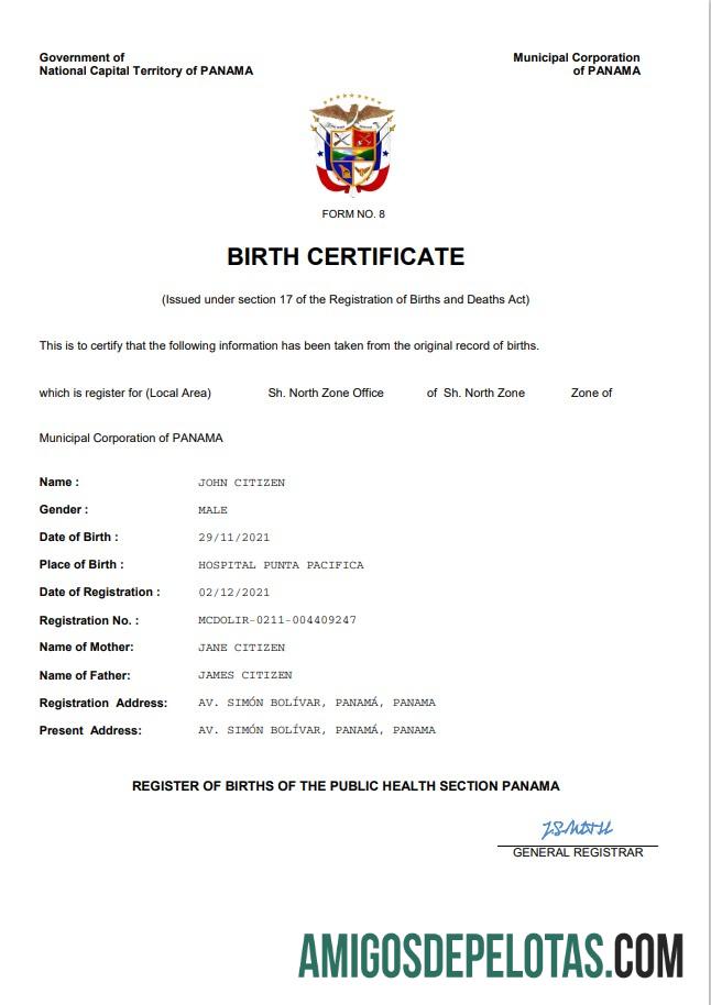 Imprimível modelo Word e PDF de certidão de nascimento do Panamá
