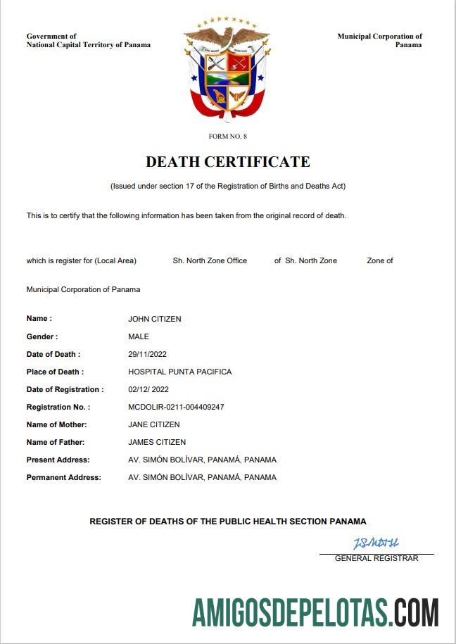 para download Modelo Word e PDF de certidão de óbito do Panamá