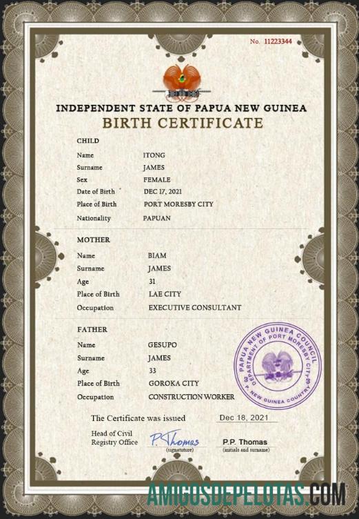 para download Modelo PSD de certidão de nascimento de Papua Nova Guiné