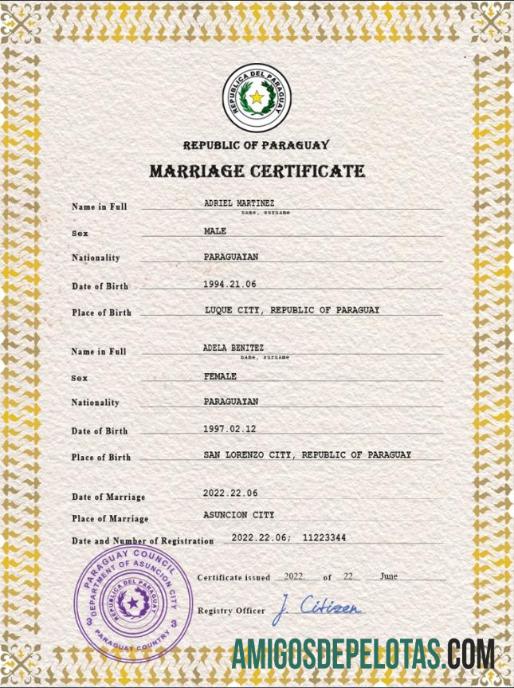 realista Modelo PSD de certidão de casamento do Paraguai