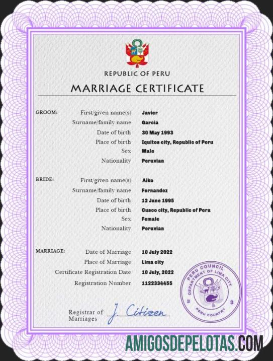 realista Modelo PSD de certidão de casamento no Peru