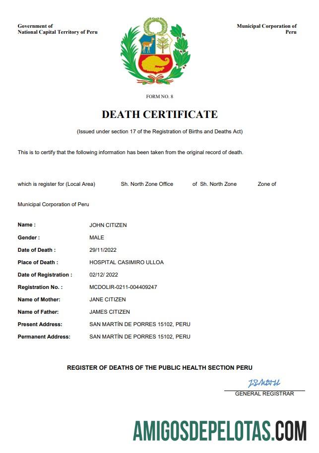 Imprimível modelo Word e PDF de certidão de óbito de registro vital do Peru