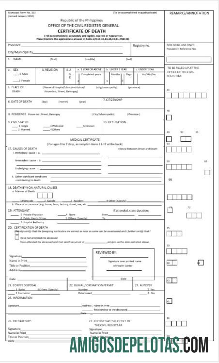 Certidão de Óbito Geral do Escritório do Registro Civil das Filipinas exemplo real