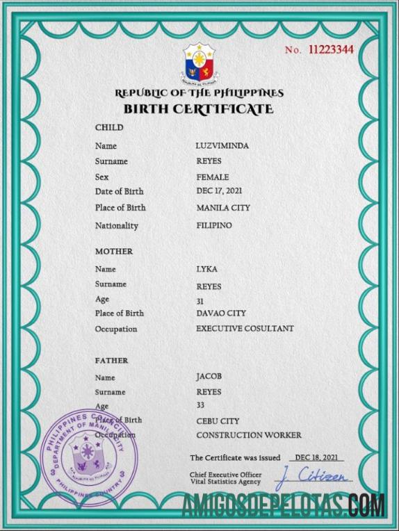 Em branco modelo PSD de certidão de nascimento das Filipinas